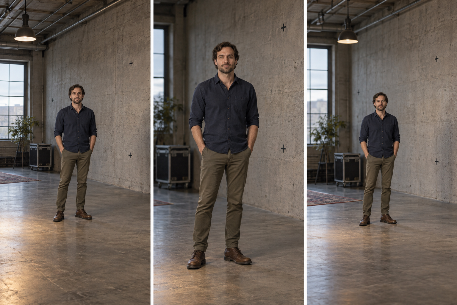 Three cinematic room framings featuring the same actor: a wider view, a closer portrait, and a wider view showing more of the room.